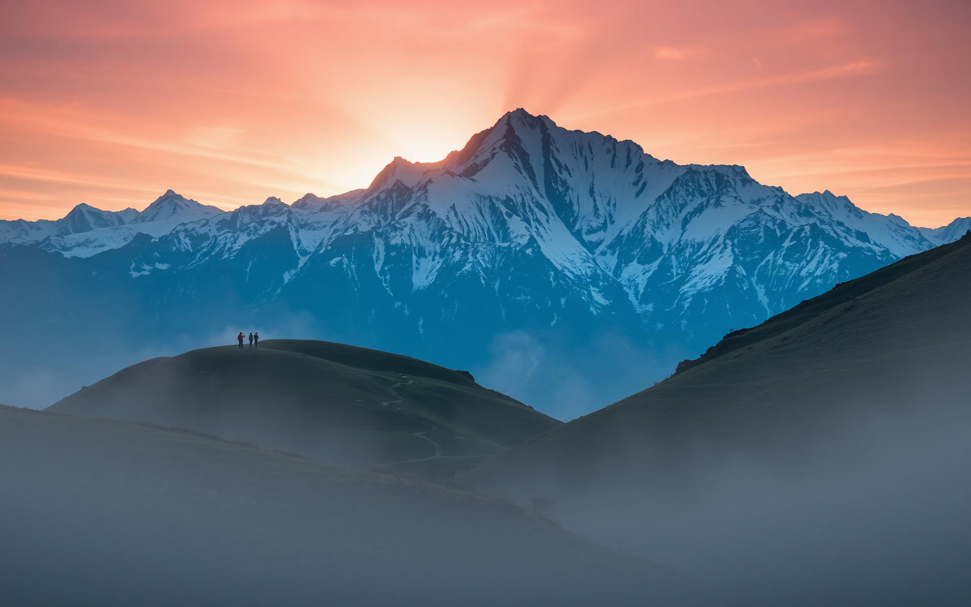 Snow-capped Himalayan peak at dawn above a mist-filled valley