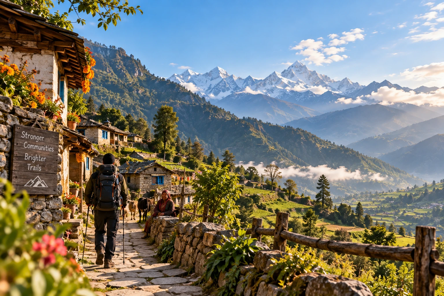 Himalayan village with a trekker walking along a mountain trail